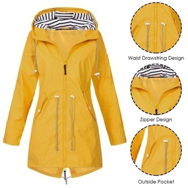 Yellow hooded coat with inset views of the waist drawstring, front zip and outside pocket.