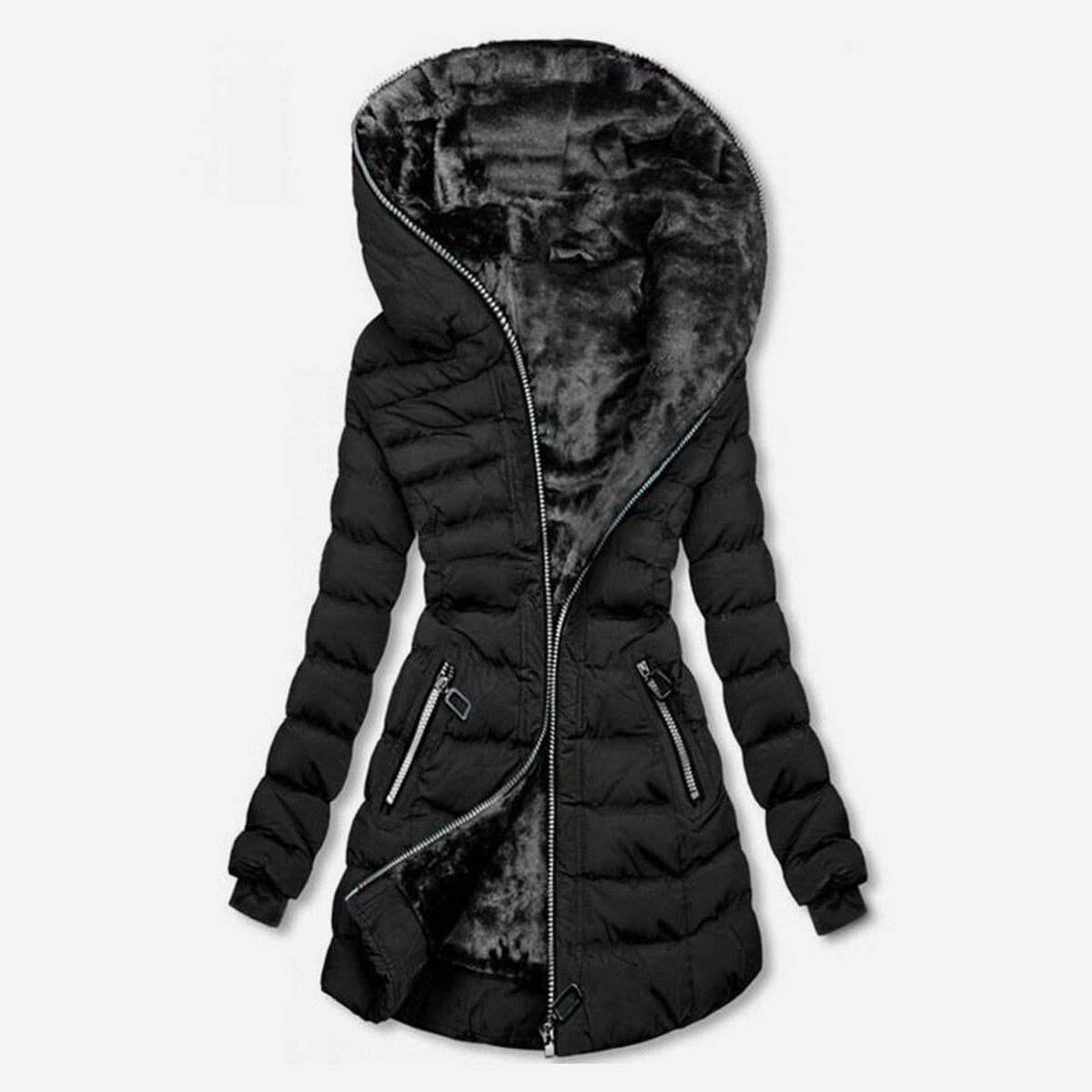 Black Sasha coat with a broad hood and zipped pockets.