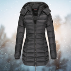 Black hooded puffer coat with a full-length zip front.