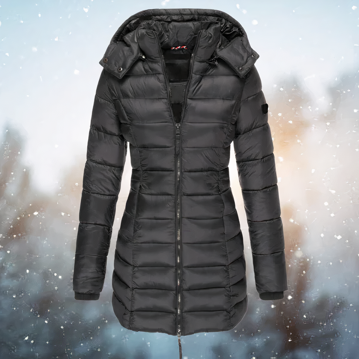 Black hooded puffer coat with a full-length zip front.
