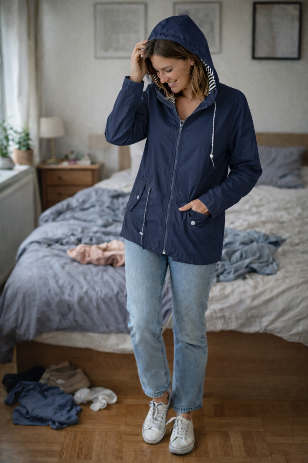 Navy-blue parka with front pockets and a drawstring waist.