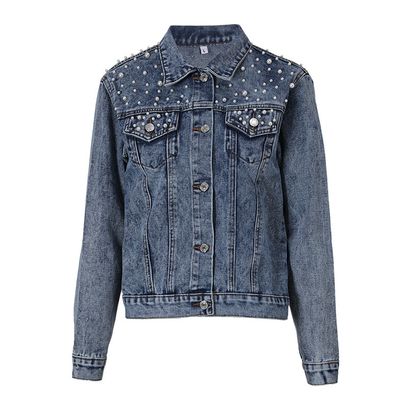 Blue denim jacket with a button front and two chest flap pockets.