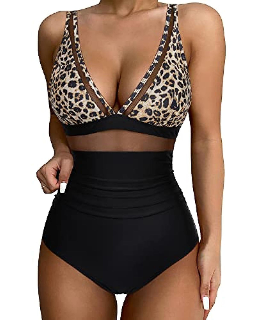 Front view of a leopard-print and black swimsuit with a mesh waist.