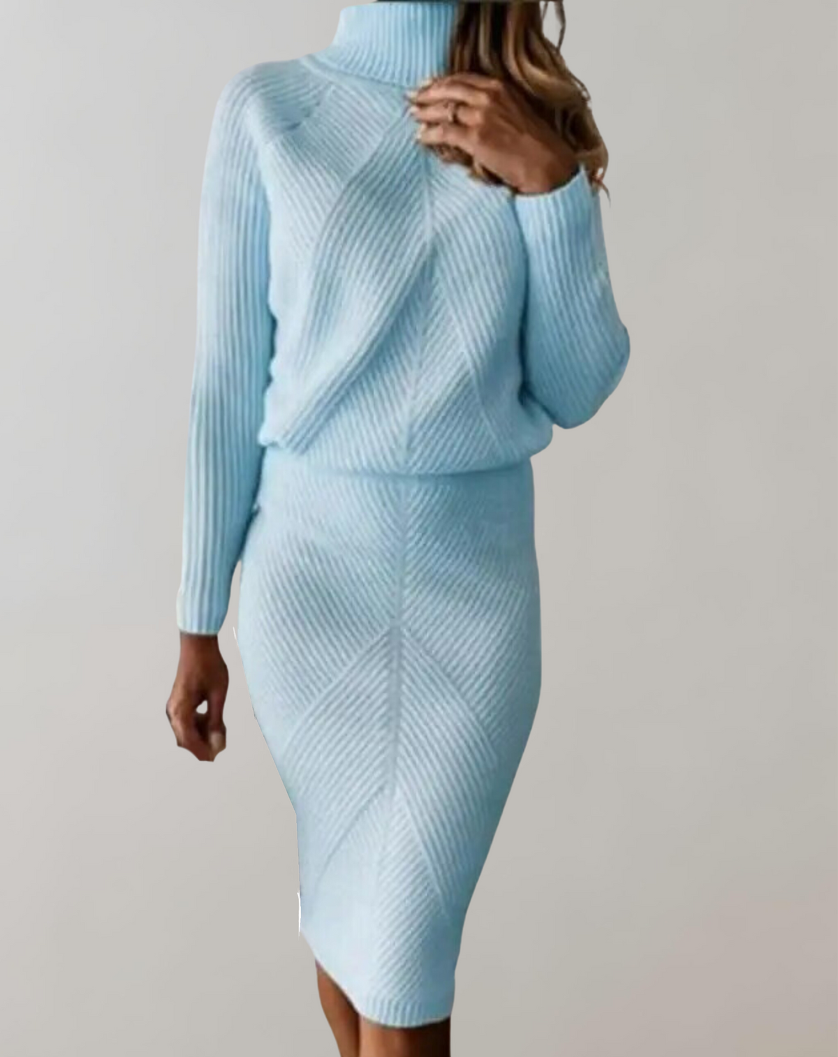 Light-blue knit jumper and skirt set with diagonal ribbing.