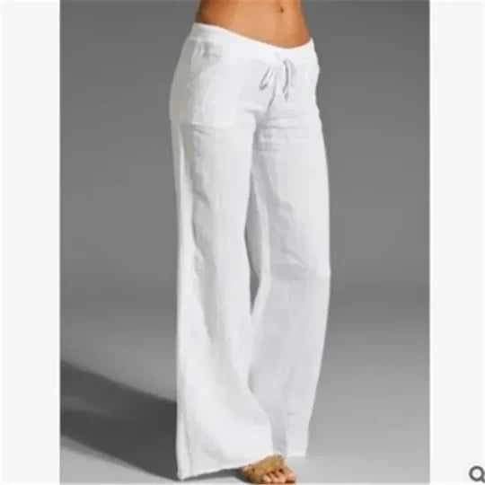 White wide-leg trousers with a front waist tie.