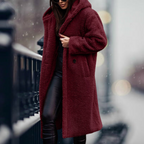 Wine red hooded coat with a fluffy texture.