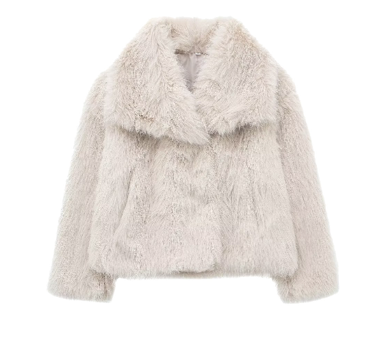 Creamy white faux-fur jacket with broad folded collar edges.
