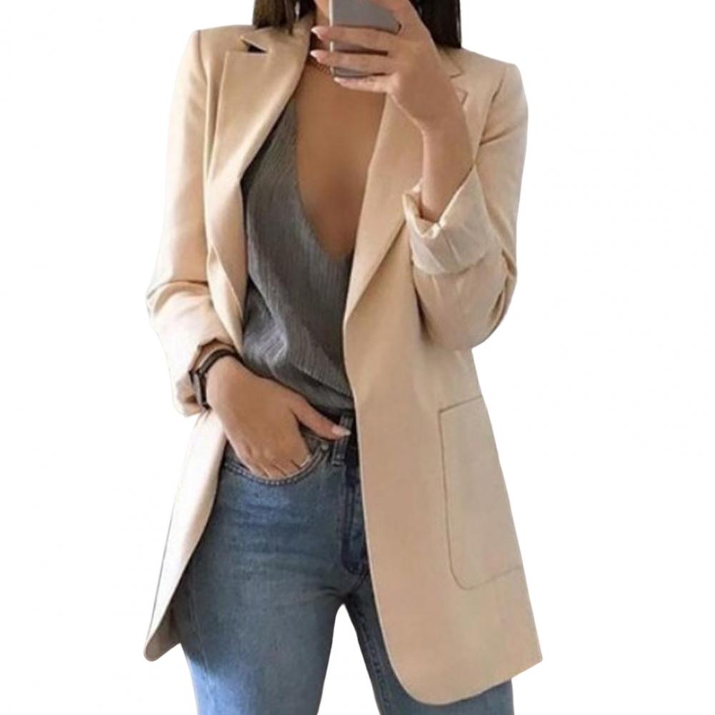 Apricot-coloured long open-front blazer with notched lapels.