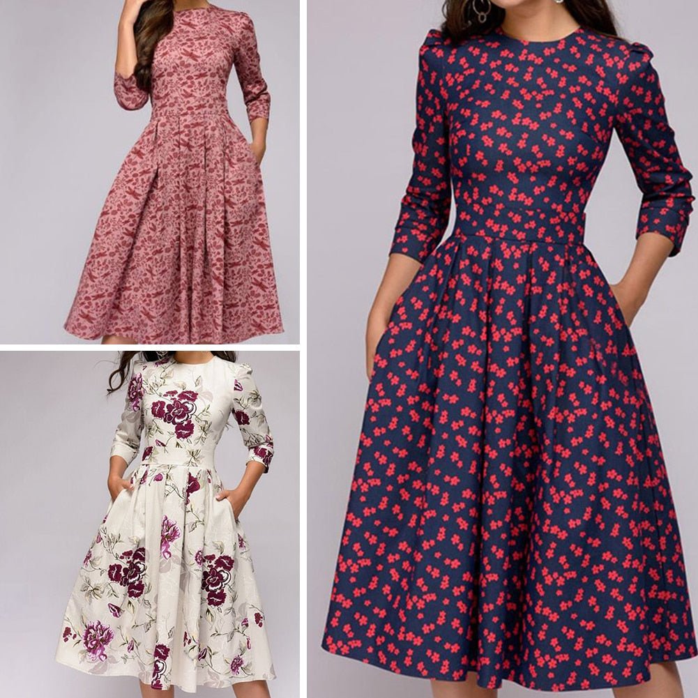 Collage of pink, white floral and navy printed Retrozo dresses.