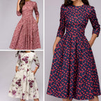 Collage of pink, white floral and navy printed Retrozo dresses.