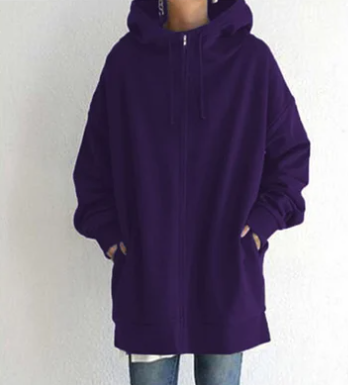 Purple hoodie with side pockets and a long body.