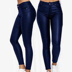 Blue skinny jeggings with a smooth finish, shown from the front and side.