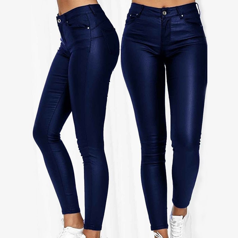 Blue skinny jeggings with a smooth finish, shown from the front and side.