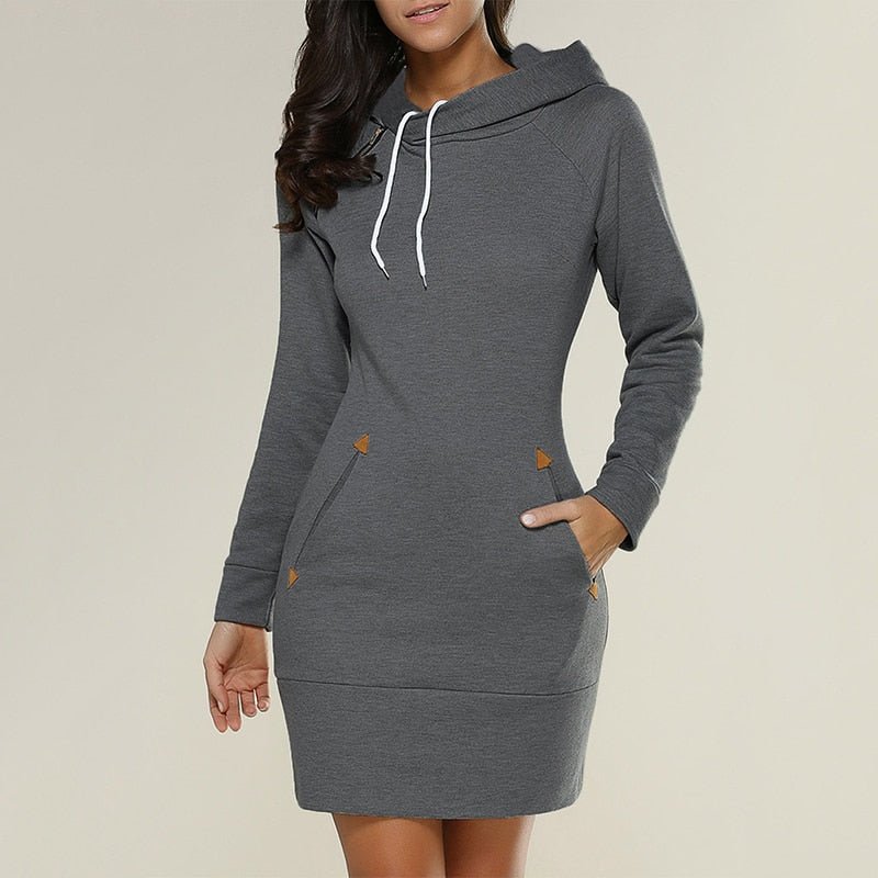 Dark grey hoodie dress with long sleeves and an above-knee hem.