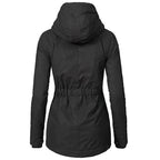 Rear view of a black hooded coat with a gathered waist.