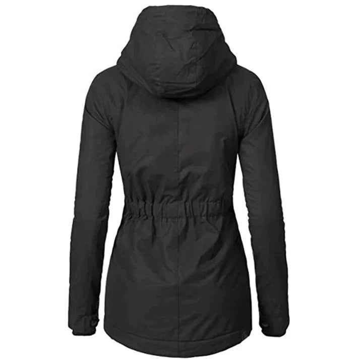 Rear view of a black hooded coat with a gathered waist.