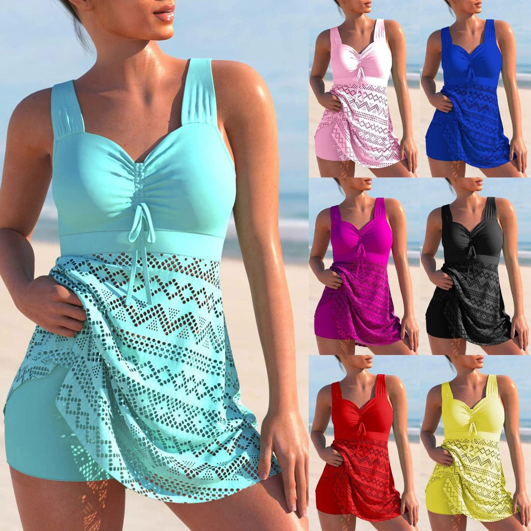 Collage of skirted swimsuits with front ties, broad straps and patterned skirt panels in seven colours.