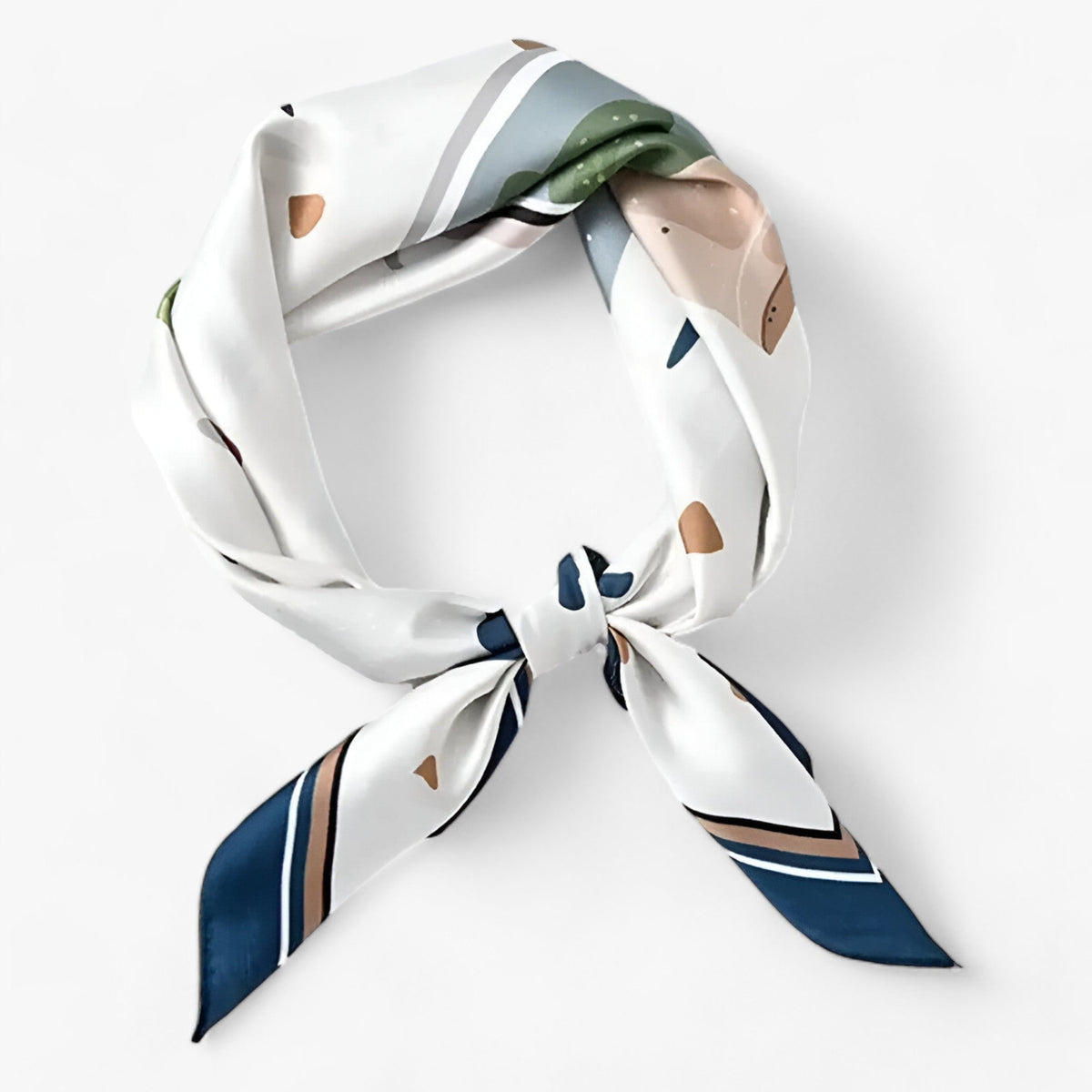 Pale printed scarf with green accents and navy-edged ends.