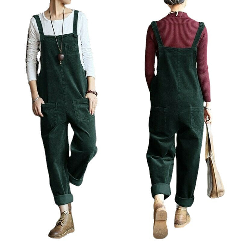 Front and back views of green dungarees worn over contrasting tops.