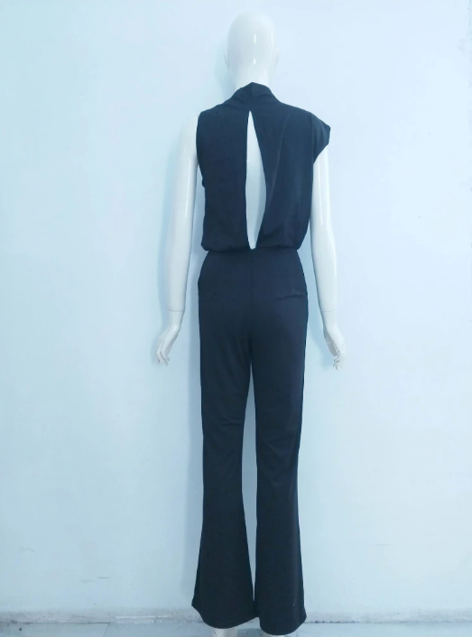 Back of a dark jumpsuit on a mannequin, showing a long opening down the upper back.