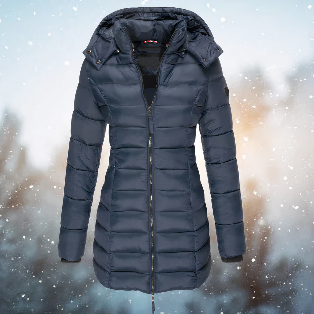 Navy long puffer coat with a fitted waist, hood and central zip.