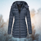 Navy long puffer coat with a fitted waist, hood and central zip.