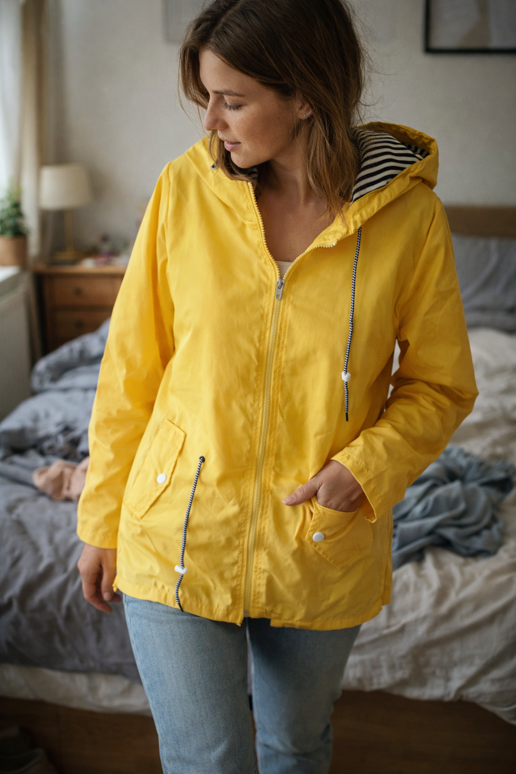 Closer view of the yellow parka and striped hood lining.