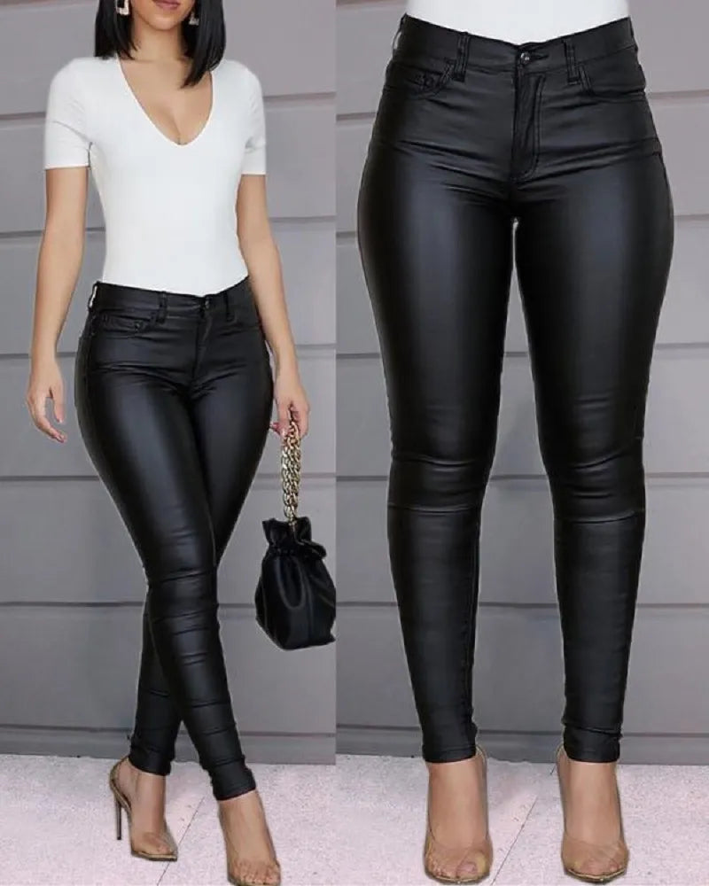 Two views of black skinny jeggings styled with a white top.