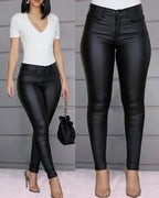 Two views of black skinny jeggings styled with a white top.