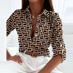 Khaki and black maze-print blouse with a collar.