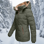 Side-front view of a green quilted winter jacket with a plush-lined hood and zipped pocket.