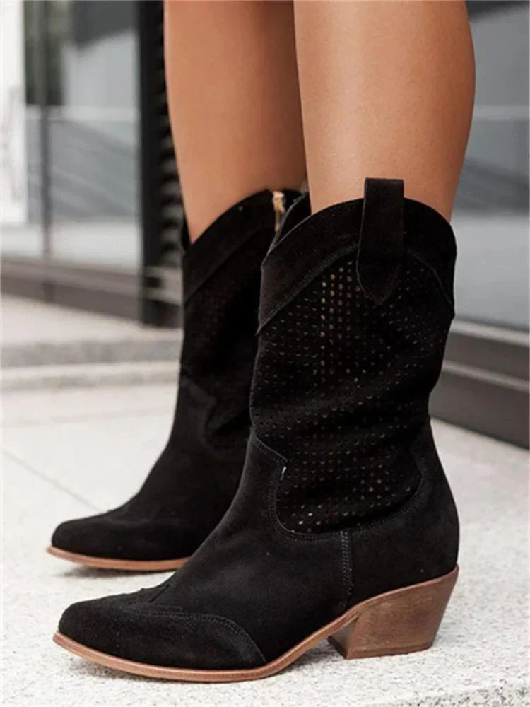 Black boots with perforated shafts and brown-toned block heels.