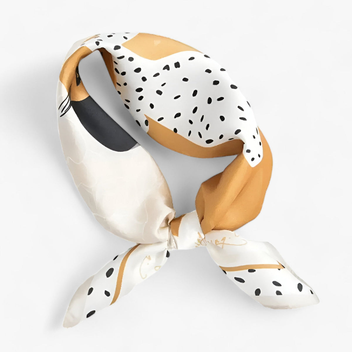Yellow, white and grey scarf with scattered dark spots.