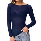 Blue sheer mesh top with long sleeves, shown with jeans and a dark underlayer.