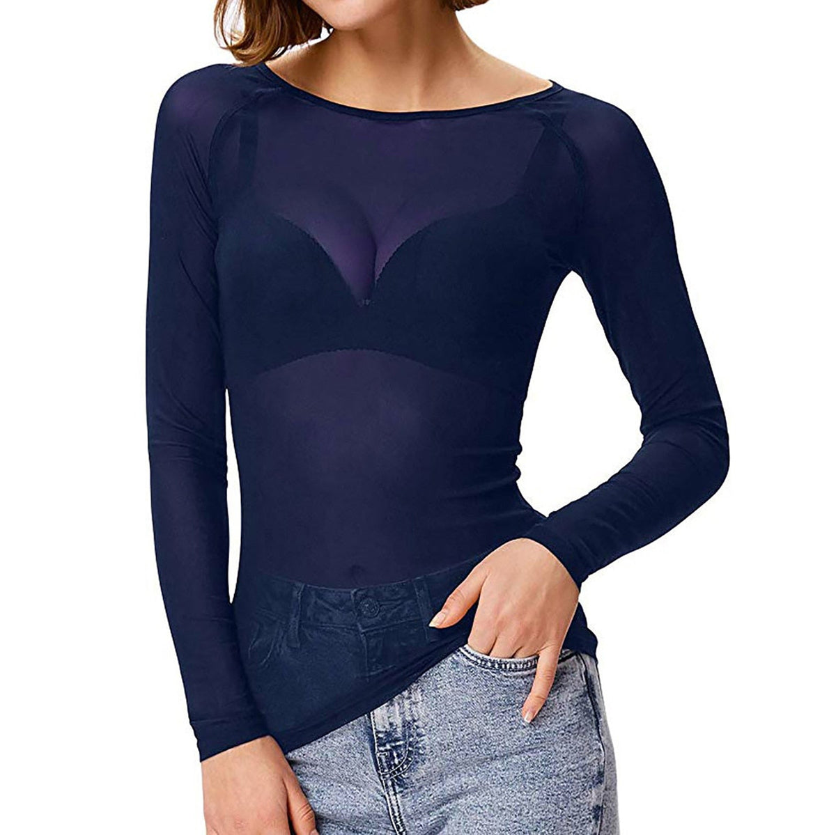 Blue sheer mesh top with long sleeves, shown with jeans and a dark underlayer.