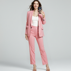 Pink blazer and trousers shown full length over a white top.