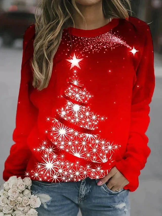 Red jumper with a white sparkling-tree and star print.