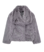 Grey shaggy jacket with a broad collar and long sleeves.