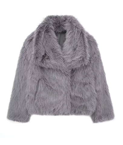 Grey shaggy jacket with a broad collar and long sleeves.