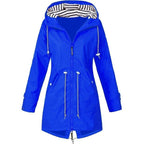 Front view of a blue hooded coat with adjustable waist drawstrings.