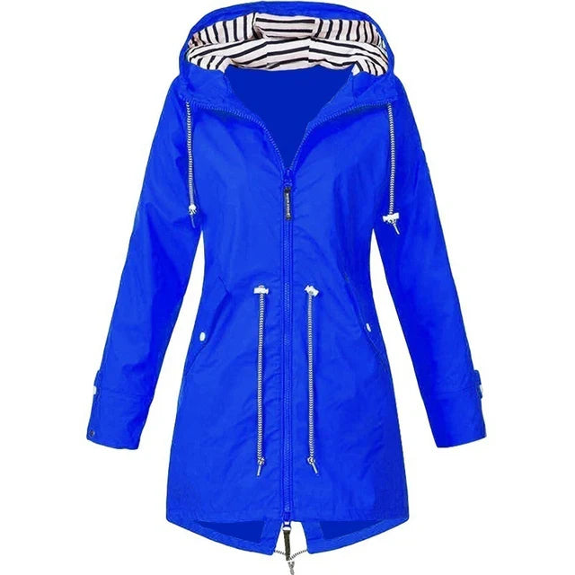 Front view of a blue hooded coat with adjustable waist drawstrings.