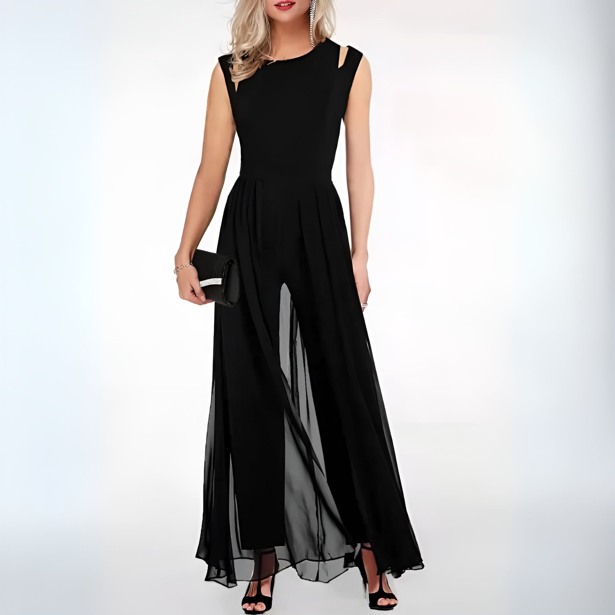 Black sleeveless Faelan jumpsuit with sheer outer leg panels.