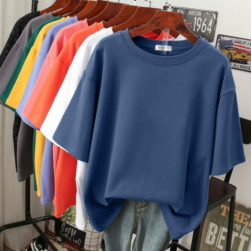 Navy blue short-sleeve T-shirt on a hanger.