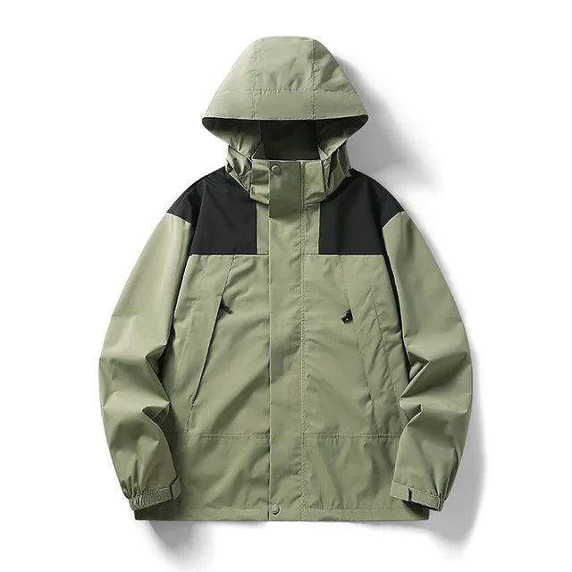 Green hooded jacket with black shoulder panels and front pockets.