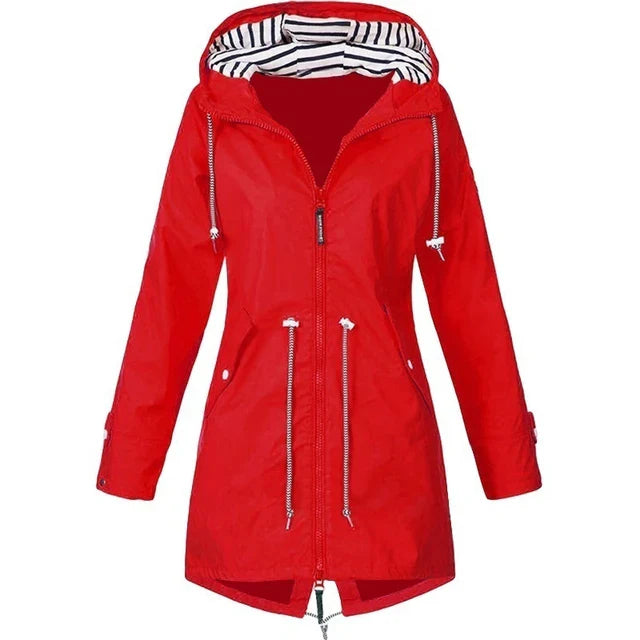 Red hooded coat with waist cords and a longer curved hem.