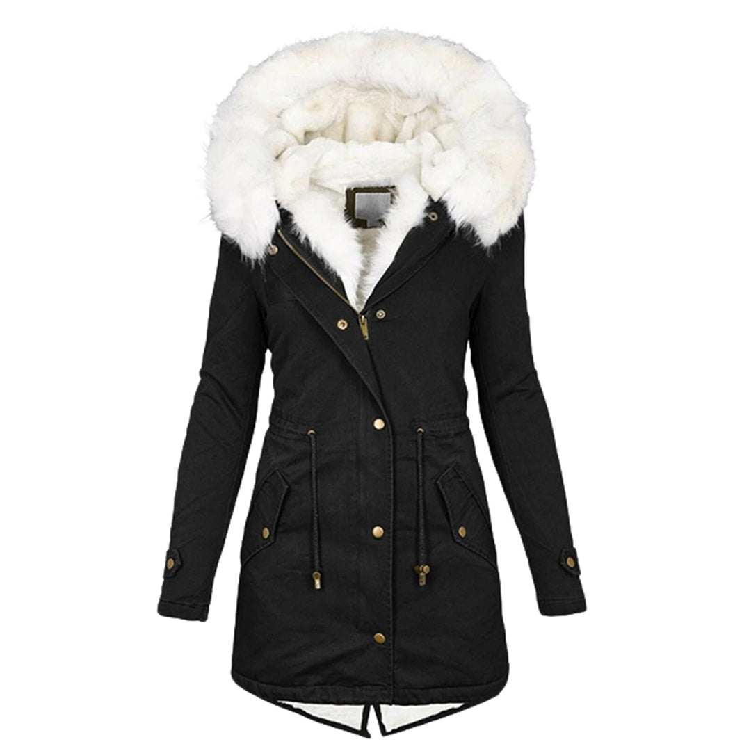 Black hooded jacket with a light-coloured lining and drawstring waist.