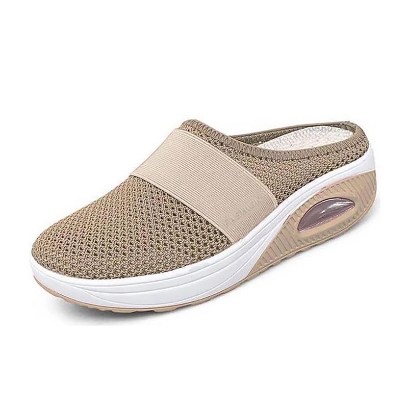 Khaki mesh mule with a pale front band and white sole section.