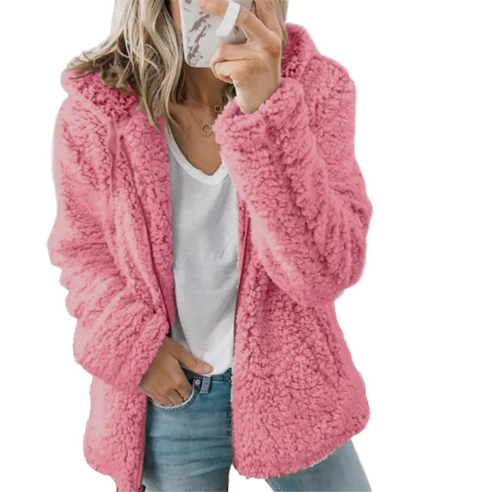 Pink teddy fleece zip-up coat with pockets.
