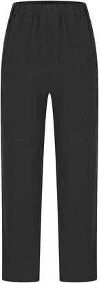 Rear view of plain black trousers.