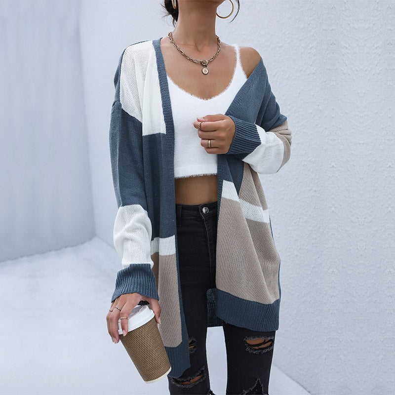 Color Block Open-Front Cardigan with Dropped Shoulders, Longline